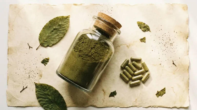 A jar of kratom powder beside a small pile of filled kratom capsules on cream parchment.