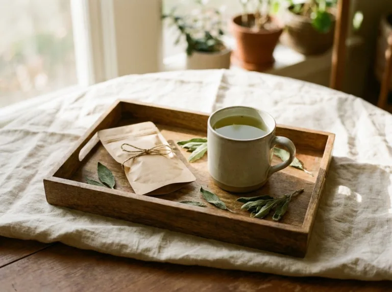 Tray with botanical tea, kraft pouch, and dried kratom leaves