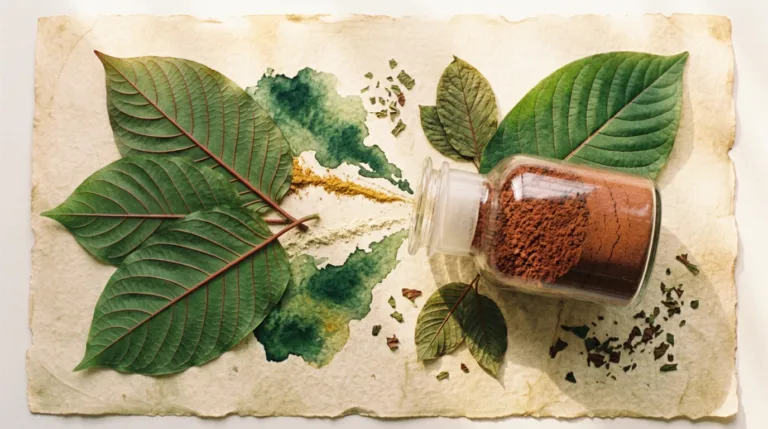 A jar of deep red Red Borneo powder beside broad red-veined kratom leaves on cream parchment.