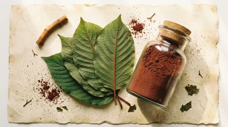 Red-veined kratom leaves beside a jar of deep red Red Maeng Da powder on cream parchment.